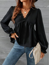 Guipure Lace Trim Flounce Sleeve Peplum Blouse